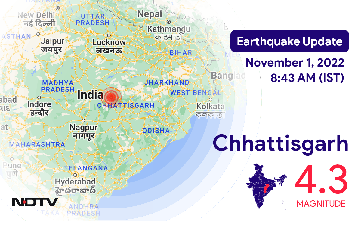 Chhattisgarh में Bilaspur के निकट रिक्टर पैमाने पर 4.3 तीव्रता वाले भूकंप के झटके