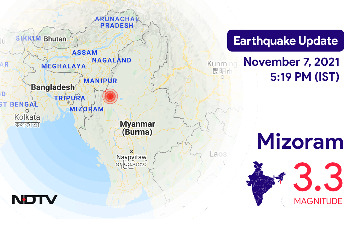 Mizoram में Champhai के निकट रिक्टर पैमाने पर 3.3 तीव्रता वाले भूकंप के झटके