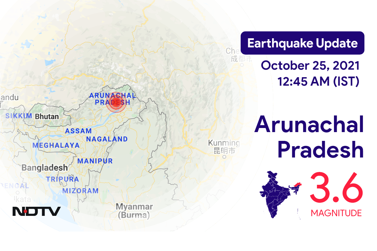 Arunachal Pradesh में Pangin के निकट रिक्टर पैमाने पर 3.6 तीव्रता वाले भूकंप के झटके