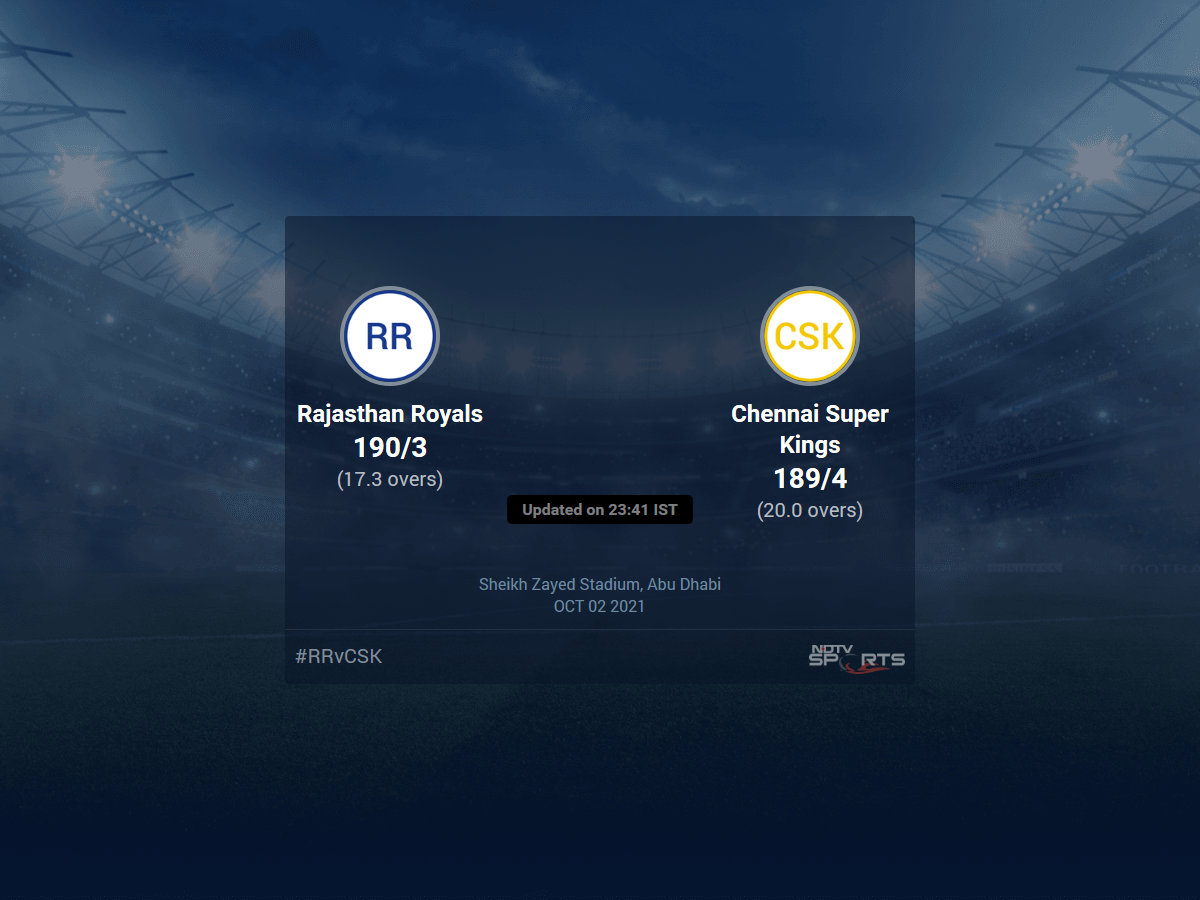 Rajasthan Royals vs Chennai Super Kings Live Score Ball by Ball, IPL 2021 Live Cricket Score Of Today's Match on NDTV Sports