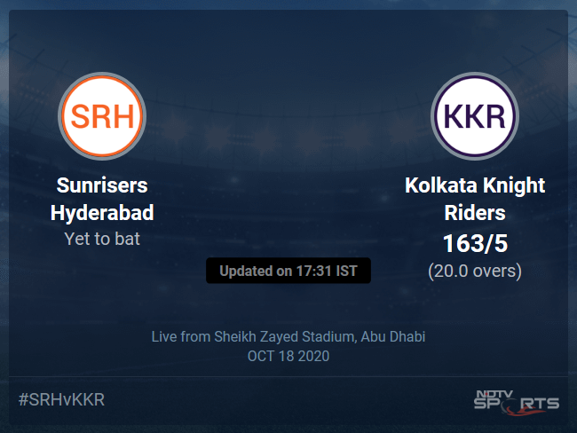 Sunrisers Hyderabad vs Kolkata Knight Riders: IPL 2020 Live Cricket Score, Live Score Of Todays Match on NDTV Sports