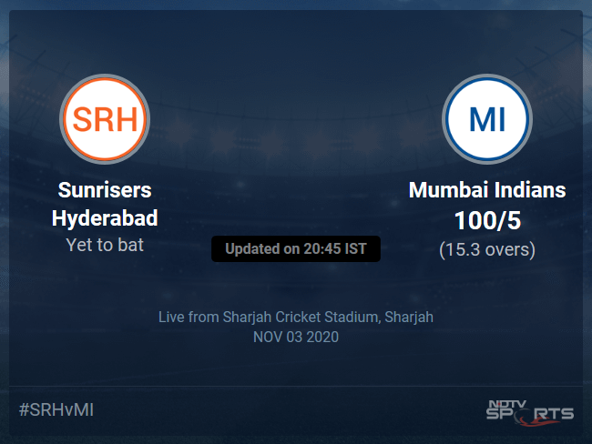 Sunrisers Hyderabad vs Mumbai Indians Live Score Ball by Ball, IPL 2020 Live Cricket Score Of Todays Match on NDTV Sports