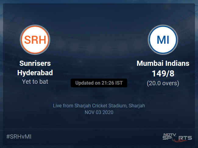 Sunrisers Hyderabad vs Mumbai Indians: IPL 2020 Live Cricket Score, Live Score Of Todays Match on NDTV Sports