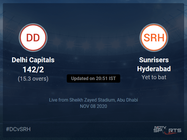 Delhi Capitals vs Sunrisers Hyderabad Live Score Ball by Ball, IPL 2020 Live Cricket Score Of Todays Match on NDTV Sports