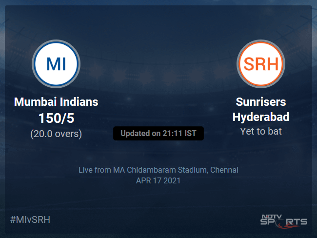 Mumbai Indians vs Sunrisers Hyderabad Live Score Ball by Ball, IPL 2021 Live Cricket Score Of Todays Match on NDTV Sports