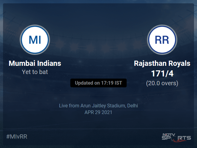 Mumbai Indians vs Rajasthan Royals Live Score Ball by Ball, IPL 2021 Live Cricket Score Of Todays Match on NDTV Sports