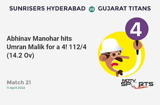 SRH vs GT: Match 21: Abhinav Manohar hits Umran Malik for a 4! GT 112/4 (14.2 Ov). CRR: 7.81