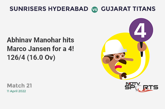 SRH vs GT: Match 21: Abhinav Manohar hits Marco Jansen for a 4! GT 126/4 (16.0 Ov). CRR: 7.88