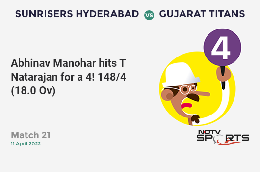 SRH vs GT: Match 21: Abhinav Manohar hits T Natarajan for a 4! GT 148/4 (18.0 Ov). CRR: 8.22