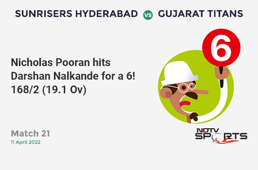 SRH vs GT: Match 21: It's a SIX! Nicholas Pooran hits Darshan Nalkande. SRH 168/2 (19.1 Ov). Target: 163; CRR: 8.77