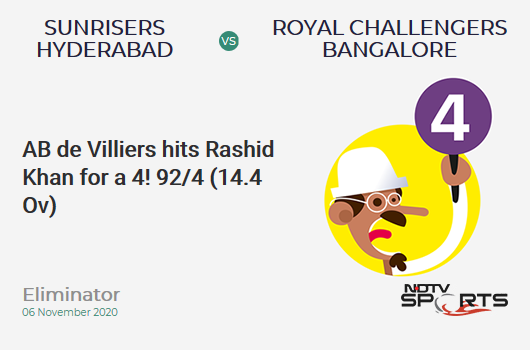 SRH vs RCB: Eliminator: AB de Villiers hits Rashid Khan for a 4! Royal Challengers Bangalore 92/4 (14.4 Ov). CRR: 6.27