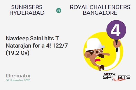 SRH vs RCB: Eliminator: Navdeep Saini hits T Natarajan for a 4! Royal Challengers Bangalore 122/7 (19.2 Ov). CRR: 6.31