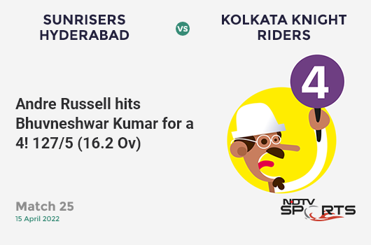 SRH vs KKR: Match 25: Andre Russell hits Bhuvneshwar Kumar for a 4! KKR 127/5 (16.2 Ov). CRR: 7.78