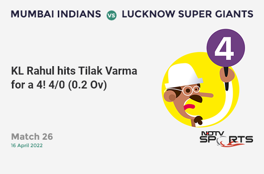 MI vs LSG: Match 26: KL Rahul hits Tilak Varma for a 4! LSG 4/0 (0.2 Ov). CRR: 12
