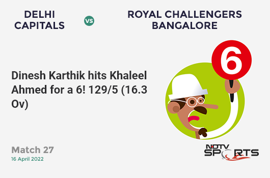 DC vs RCB: Match 27: It's a SIX! Dinesh Karthik hits Khaleel Ahmed. RCB 129/5 (16.3 Ov). CRR: 7.82