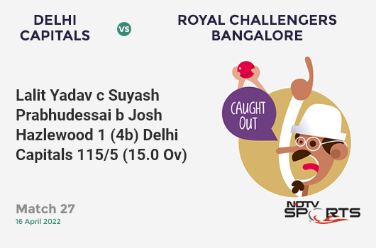 DC vs RCB: Match 27: WICKET! Lalit Yadav c Suyash Prabhudessai b Josh Hazlewood 1 (4b, 0x4, 0x6). DC 115/5 (15.0 Ov). Target: 190; RRR: 15.0