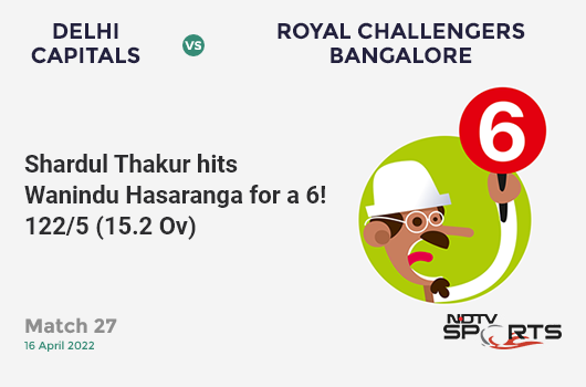 DC vs RCB: Match 27: It's a SIX! Shardul Thakur hits Wanindu Hasaranga. DC 122/5 (15.2 Ov). Target: 190; RRR: 14.57