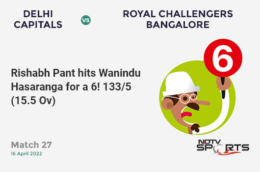 DC vs RCB: Match 27: It's a SIX! Rishabh Pant hits Wanindu Hasaranga. DC 133/5 (15.5 Ov). Target: 190; RRR: 13.68