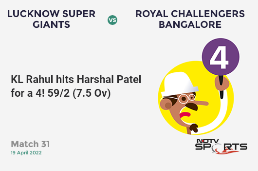 LSG vs RCB: Match 31: KL Rahul hits Harshal Patel for a 4! LSG 59/2 (7.5 Ov). Target: 182; RRR: 10.11