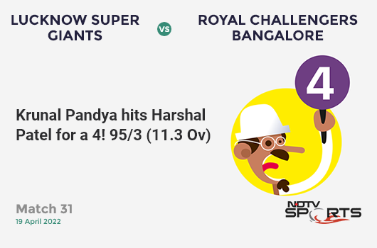 LSG vs RCB: Match 31: Krunal Pandya hits Harshal Patel for a 4! LSG 95/3 (11.3 Ov). Target: 182; RRR: 10.24