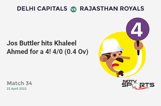 DC vs RR: Match 34: Jos Buttler hits Khaleel Ahmed for a 4! RR 4/0 (0.4 Ov). CRR: 6