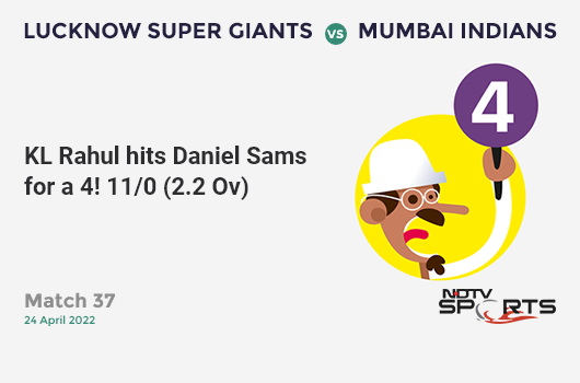 LSG vs MI: Match 37: KL Rahul hits Daniel Sams for a 4! LSG 11/0 (2.2 Ov). CRR: 4.71