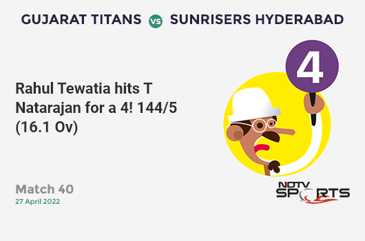 GT vs SRH: Match 40: Rahul Tewatia hits T Natarajan for a 4! GT 144/5 (16.1 Ov). Target: 196; RRR: 13.57