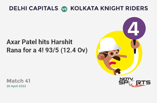 DC vs KKR: Match 41: Axar Patel hits Harshit Rana for a 4! DC 93/5 (12.4 Ov). Target: 147; RRR: 7.36