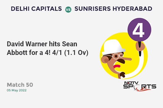 DC vs SRH: Match 50: David Warner hits Sean Abbott for a 4! DC 4/1 (1.1 Ov). CRR: 3.43