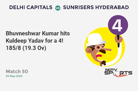 DC vs SRH: Match 50: Bhuvneshwar Kumar hits Kuldeep Yadav for a 4! SRH 185/8 (19.3 Ov). Target: 208; RRR: 46.00