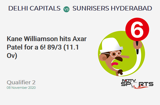 DC vs SRH: Qualifier 2: It's a SIX! Kane Williamson hits Axar Patel. Sunrisers Hyderabad 89/3 (11.1 Ov). Target: 190; RRR: 11.43