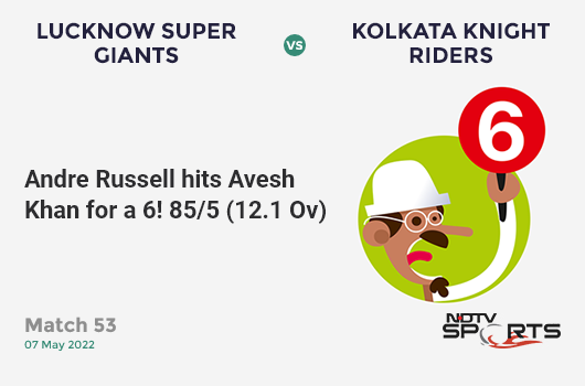 LSG vs KKR: Match 53: It's a SIX! Andre Russell hits Avesh Khan. KKR 85/5 (12.1 Ov). Target: 177; RRR: 11.74