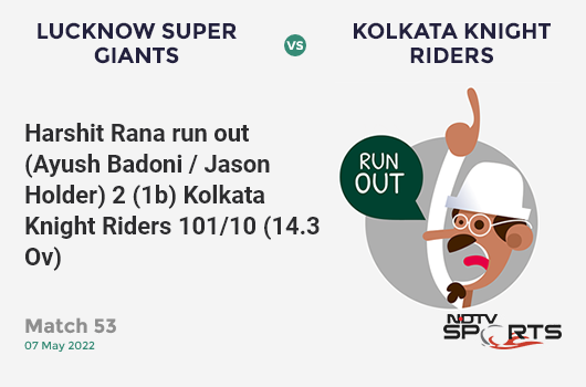 LSG vs KKR: Match 53: WICKET! Harshit Rana run out (Ayush Badoni / Jason Holder) 2 (1b, 0x4, 0x6). KKR 101/10 (14.3 Ov). Target: 177; RRR: 13.82