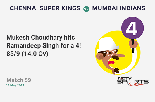CSK vs MI: Match 59: Mukesh Choudhary hits Ramandeep Singh for a 4! CSK 85/9 (14.0 Ov). CRR: 6.07