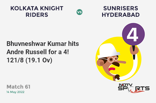 KKR vs SRH: Match 61: Bhuvneshwar Kumar hits Andre Russell for a 4! SRH 121/8 (19.1 Ov). Target: 178; RRR: 68.4