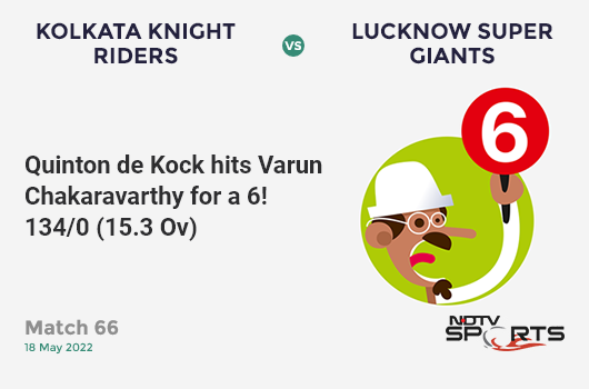 KKR vs LSG: Match 66: It's a SIX! Quinton de Kock hits Varun Chakaravarthy. LSG 134/0 (15.3 Ov). CRR: 8.65