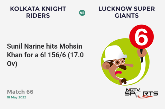 KKR vs LSG: Match 66: It's a SIX! Sunil Narine hits Mohsin Khan. KKR 156/6 (17.0 Ov). Target: 211; RRR: 18.33