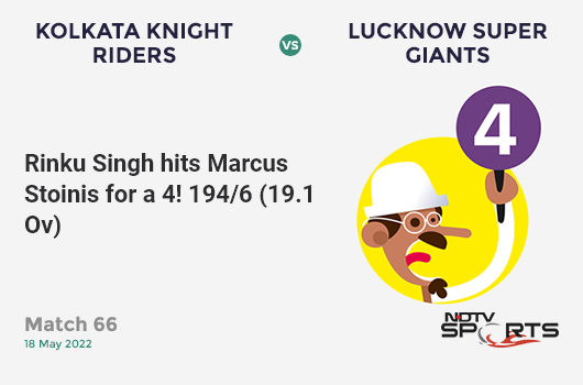 KKR vs LSG: Match 66: Rinku Singh hits Marcus Stoinis for a 4! KKR 194/6 (19.1 Ov). Target: 211; RRR: 20.4