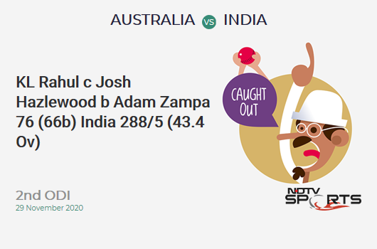 AUS vs IND: 2nd ODI: WICKET! KL Rahul c Josh Hazlewood b Adam Zampa 76 (66b, 4x4, 5x6). IND 288/5 (43.4 Ov). Target: 390; RRR: 16.11
