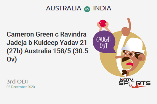 AUS vs IND: 3rd ODI: WICKET! Cameron Green c Ravindra Jadeja b Kuldeep Yadav 21 (27b, 1x4, 1x6). AUS 158/5 (30.5 Ov). Target: 303; RRR: 7.57