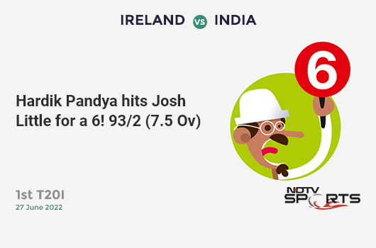 IRE vs IND: 1st T20I: It's a SIX! Hardik Pandya hits Josh Little. IND 93/2 (7.5 Ov). Target: 109; RRR: 3.84