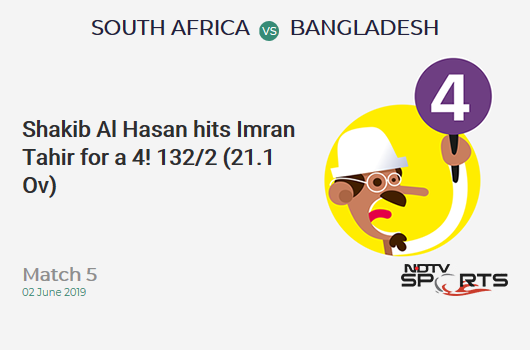 SA vs BAN: Match 5: Shakib Al Hasan hits Imran Tahir for a 4! Bangladesh 132/2 (21.1 Ov). CRR: 6.23
