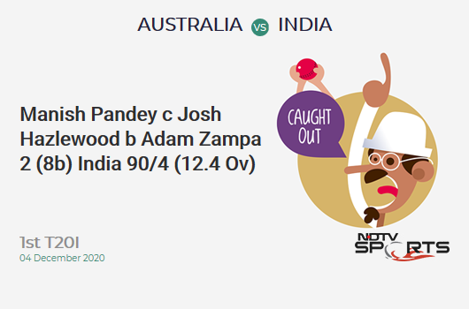 AUS vs IND: 1st T20I: WICKET! Manish Pandey c Josh Hazlewood b Adam Zampa 2 (8b, 0x4, 0x6). IND 90/4 (12.4 Ov). CRR: 7.11