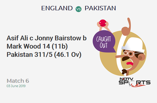 ENG vs PAK: Match 6: WICKET! Asif Ali c Jonny Bairstow b Mark Wood 14 (11b, 0x4, 1x6). पाकिस्तान 311/5 (46.1 Ov). CRR: 6.73