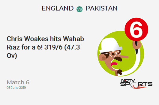 ENG vs PAK: Match 6: It's a SIX! Chris Woakes hits Wahab Riaz. England 319/6 (47.3 Ov). Target: 349; RRR: 12