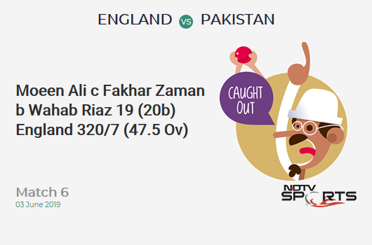 ENG vs PAK: Match 6: WICKET! Moeen Ali c Fakhar Zaman b Wahab Riaz 19 (20b, 1x4, 0x6). इंग्लैंड 320/7 (47.5 Ov). Target: 349; RRR: 13.38