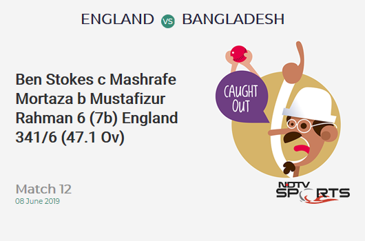 ENG vs BAN: Match 12: WICKET! Ben Stokes c Mashrafe Mortaza b Mustafizur Rahman 6 (7b, 0x4, 0x6). इंग्लैंड 341/6 (47.1 Ov). CRR: 7.22