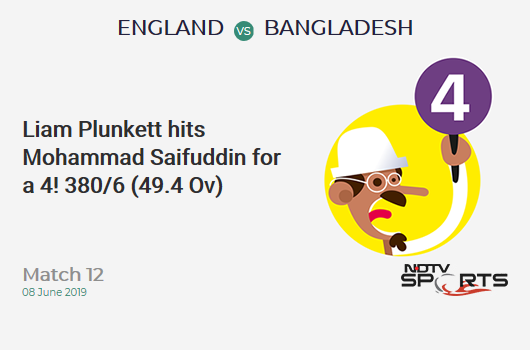 ENG vs BAN: Match 12: Liam Plunkett hits Mohammad Saifuddin for a 4! England 380/6 (49.4 Ov). CRR: 7.65