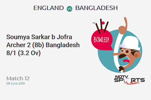 ENG vs BAN: Match 12: WICKET! Soumya Sarkar b Jofra Archer 2 (8b, 0x4, 0x6). बांग्लादेश 8/1 (3.2 Ov). Target: 387; RRR: 8.12