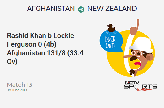 AFG vs NZ: Match 13: WICKET! Rashid Khan b Lockie Ferguson 0 (4b, 0x4, 0x6). अफ़ग़ानिस्तान 131/8 (33.4 Ov). CRR: 3.89